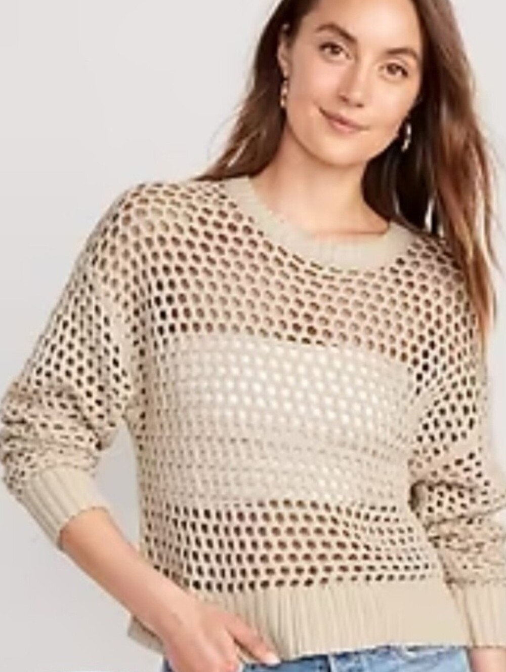 Old Navy Sweater Open Net Pullover Natural Wheat Tan Cotton Small Tall Beach
